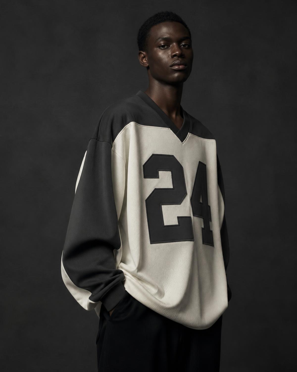 Model wearing the BO$AL Signature Jersey 01 in off-white and charcoal