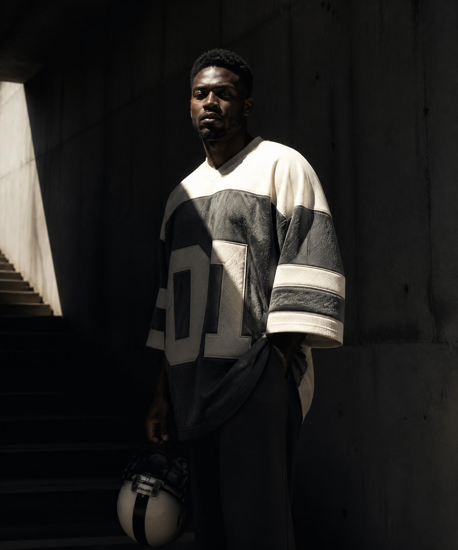 Model wearing a cream and charcoal BO$AL jersey in a dark stadium tunnel