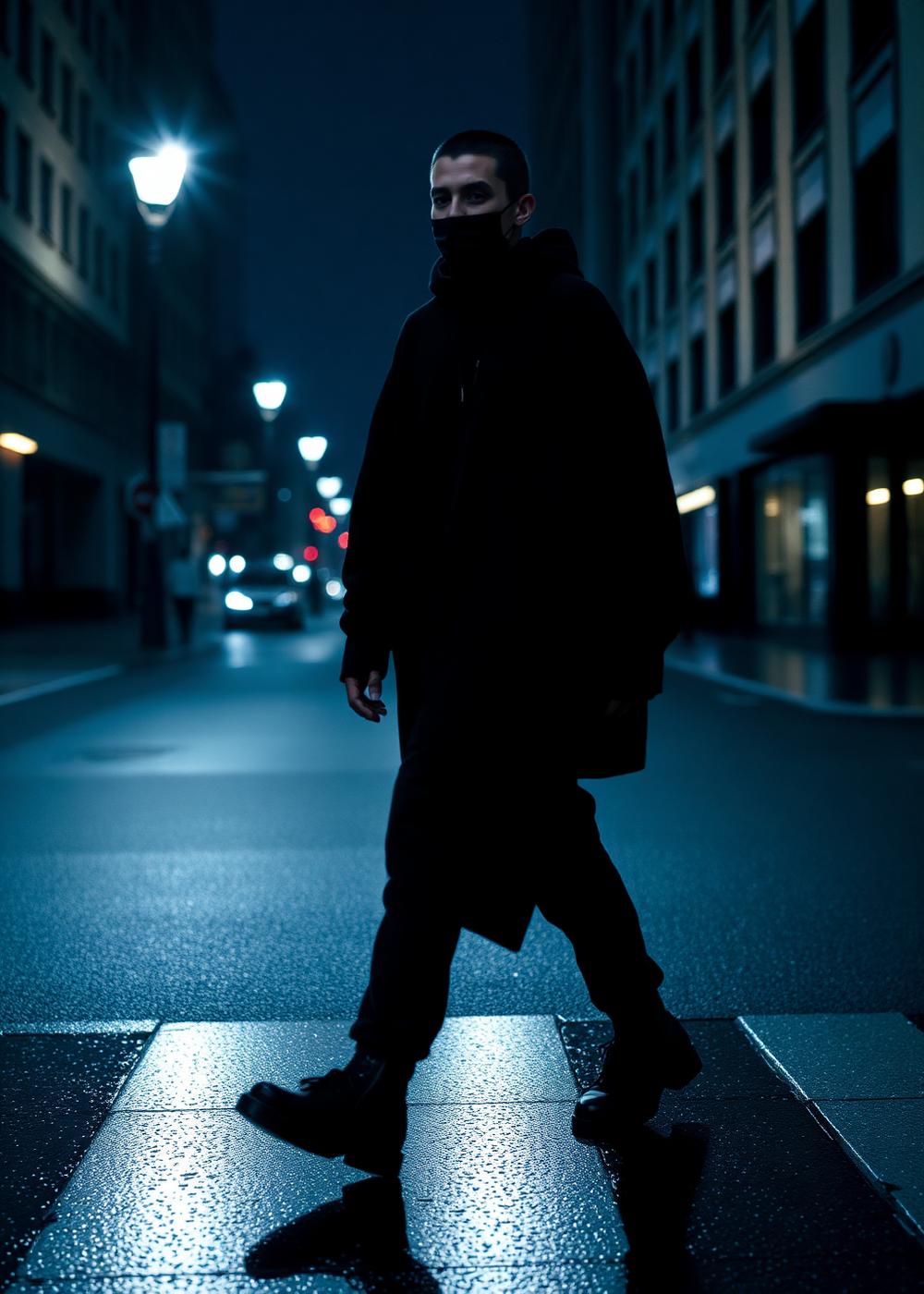 Model in dark oversized streetwear crossing an empty city street at night